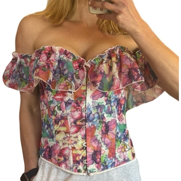 Women’s Corset top floral abstract multicolor ruffle lace-up new - Picture 5 of 9